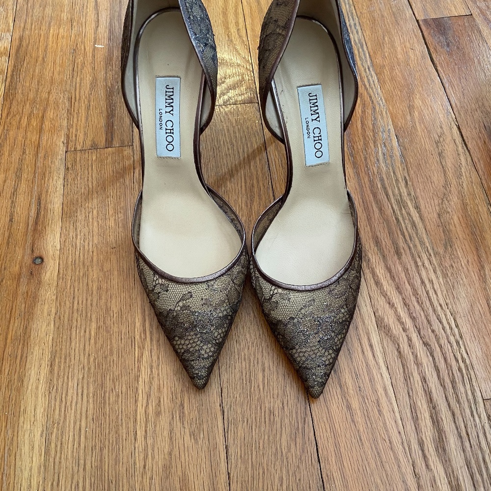 Jimmy Choo bronze lace heels